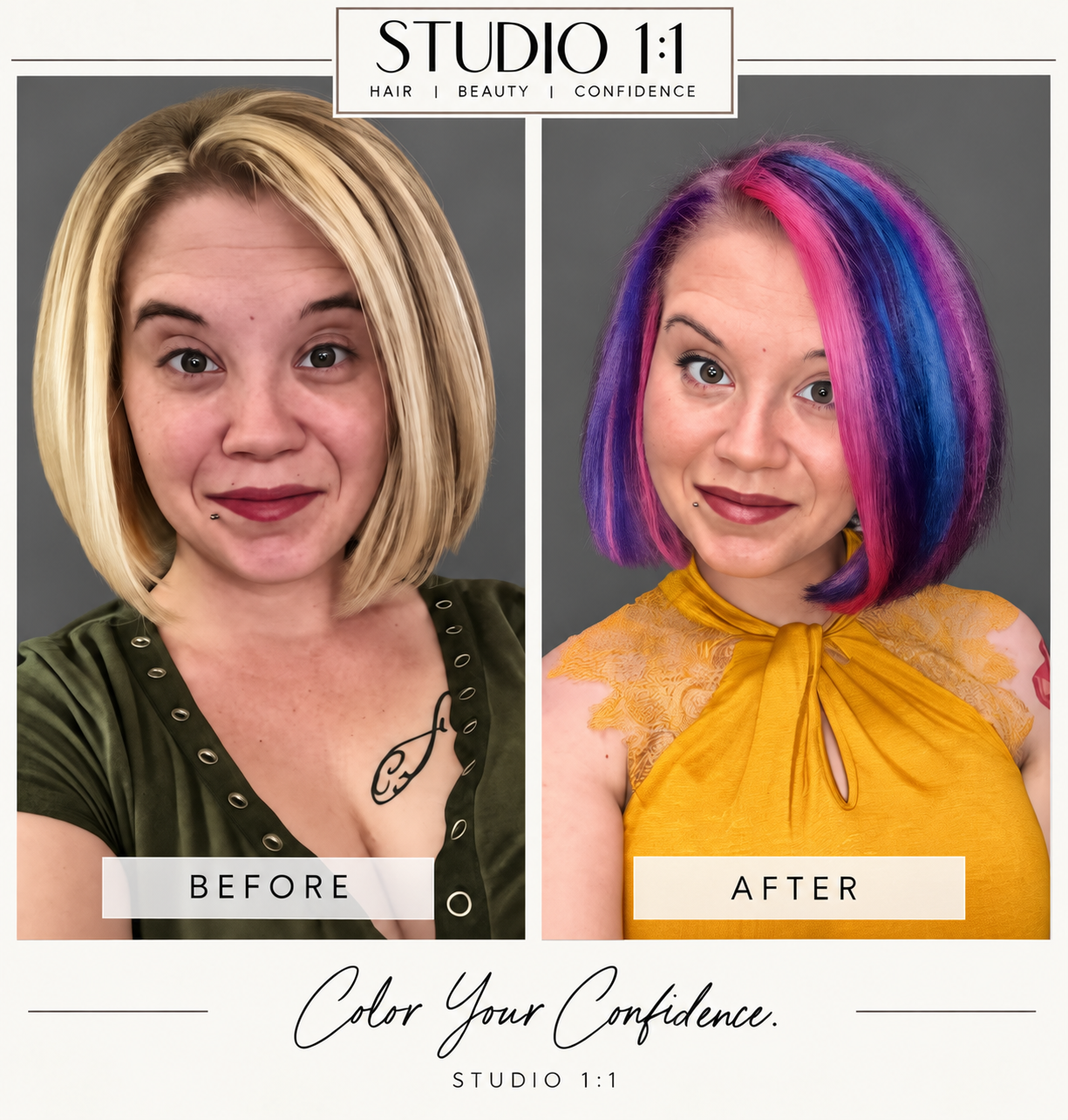 Vivid rainbow hair color before and after